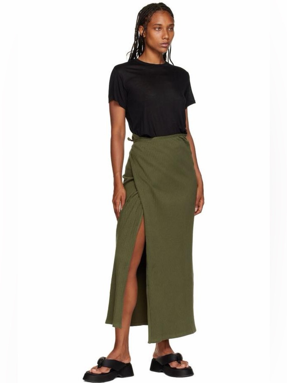 Baserange Rib Cotton Knit Wrap Maxi Skirt Olive Green Size Small